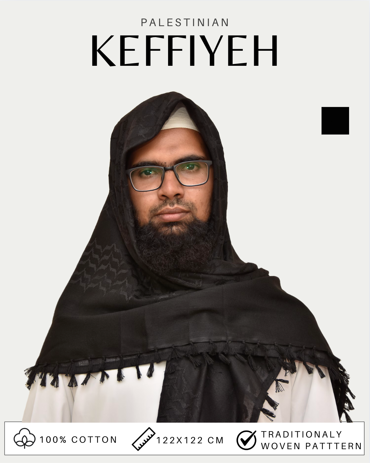 Kufiya/Keffiyeh Fully Black 100% Cotton