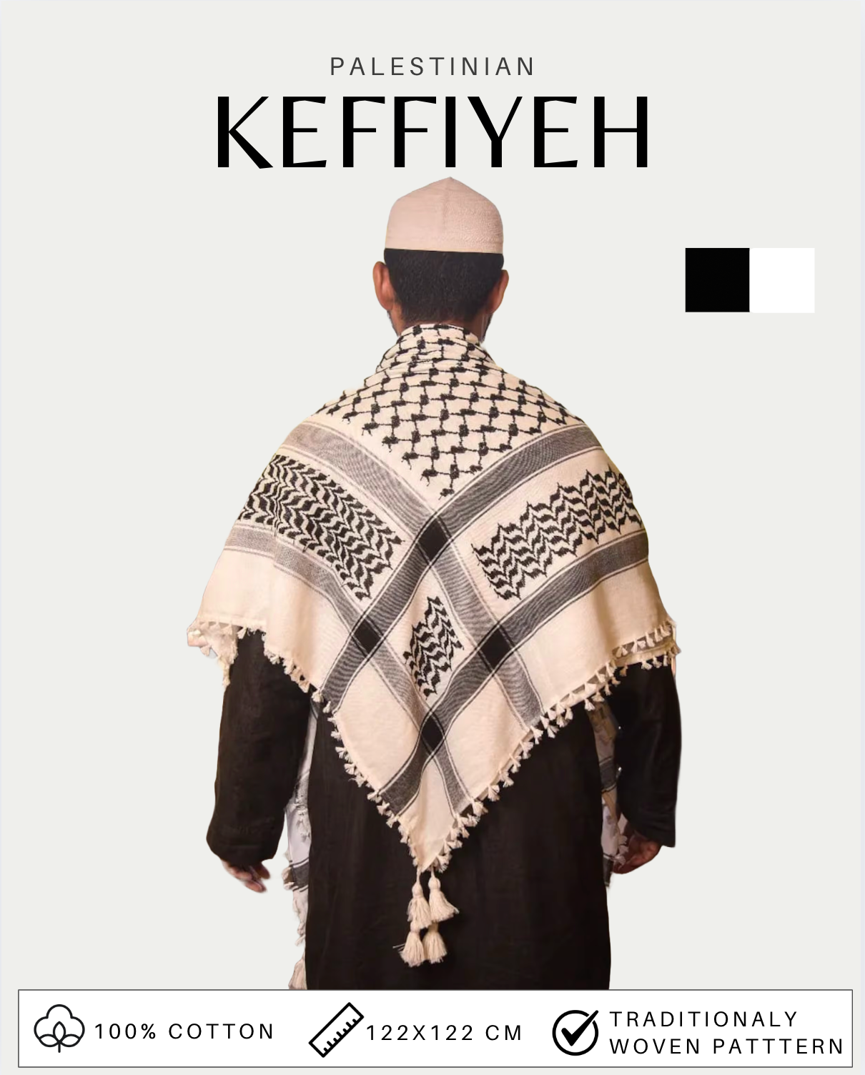 Pre-order - Kufiya/Keffiyeh Black/White 100% Cotton