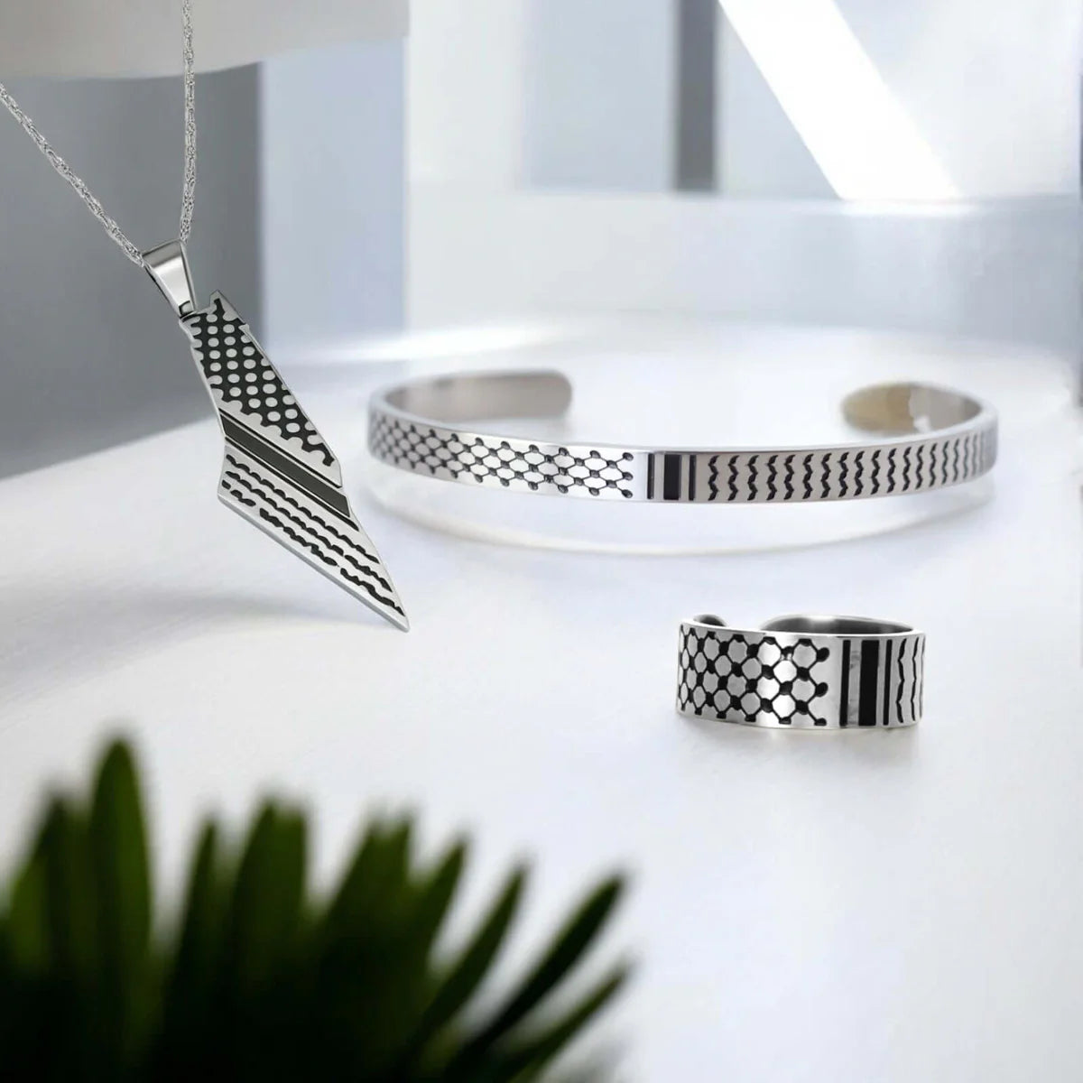 Palestina Sieradenset Goud/Zilver – Ketting, Armband & Ring met Kufiya-patroon