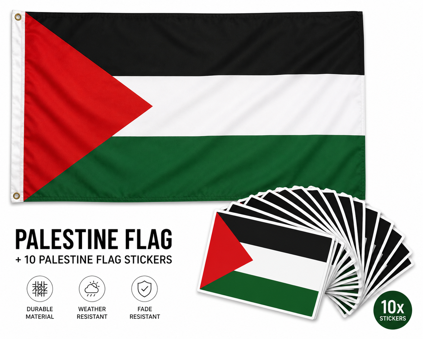 Drapeau de Palestine 90x150 cm + Autocollant Drapeau de Palestine 5x8 cm (10 pièces) Offre combinée