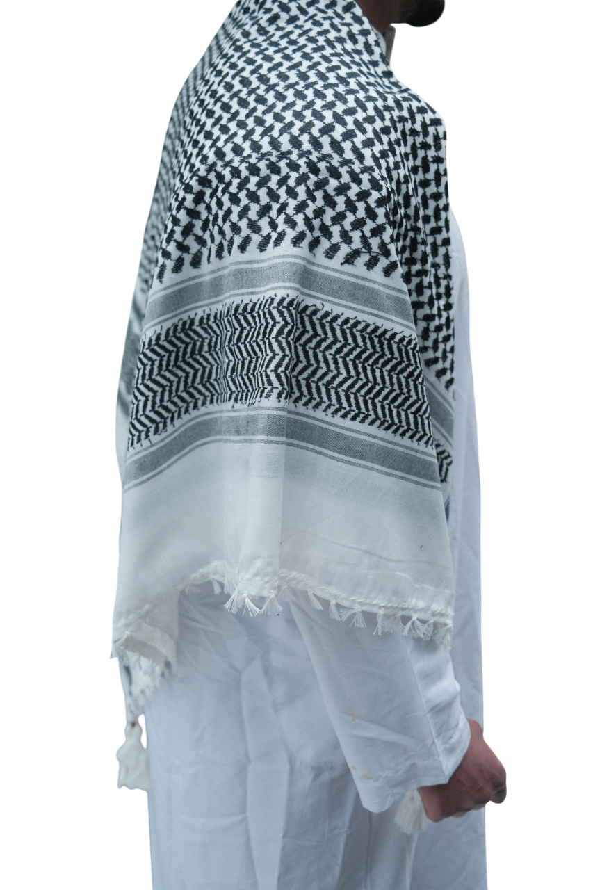 Kufiya/Keffiyeh Sort-Hvid 127x127 cm med Hvide Frynser