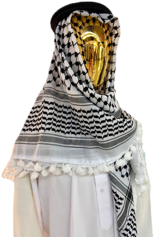 Kufiya/Keffiyeh Negro-Blanco 127x127 cm con Aletas Blancas