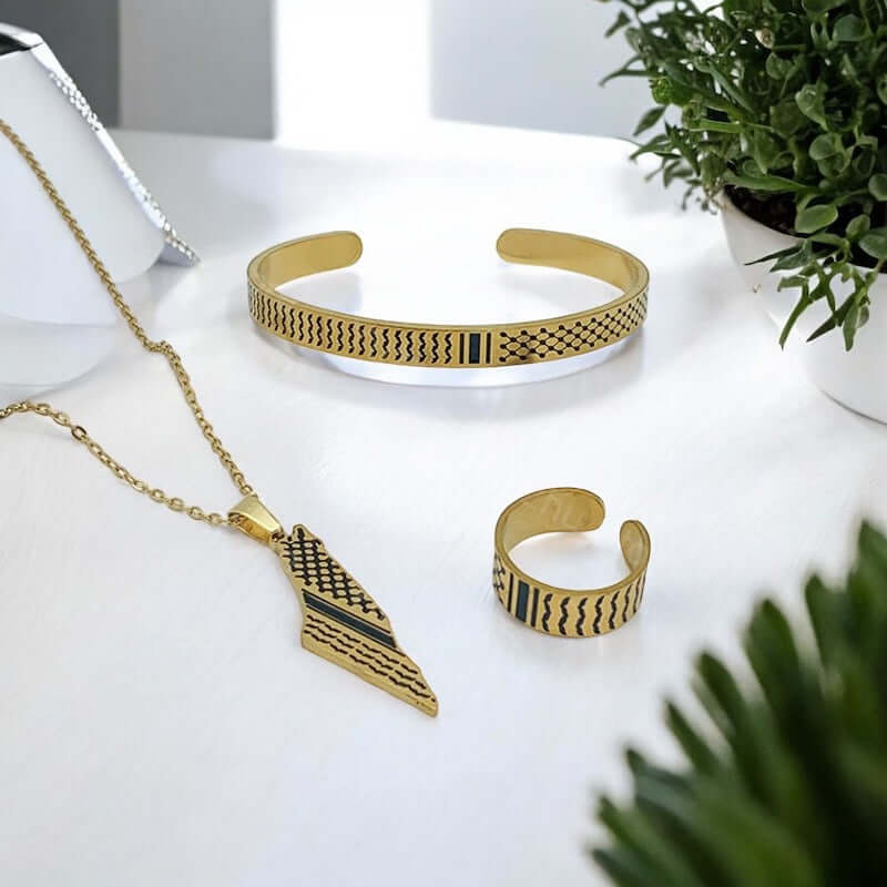 Palestina Sieradenset Goud/Zilver – Ketting, Armband & Ring met Kufiya-patroon