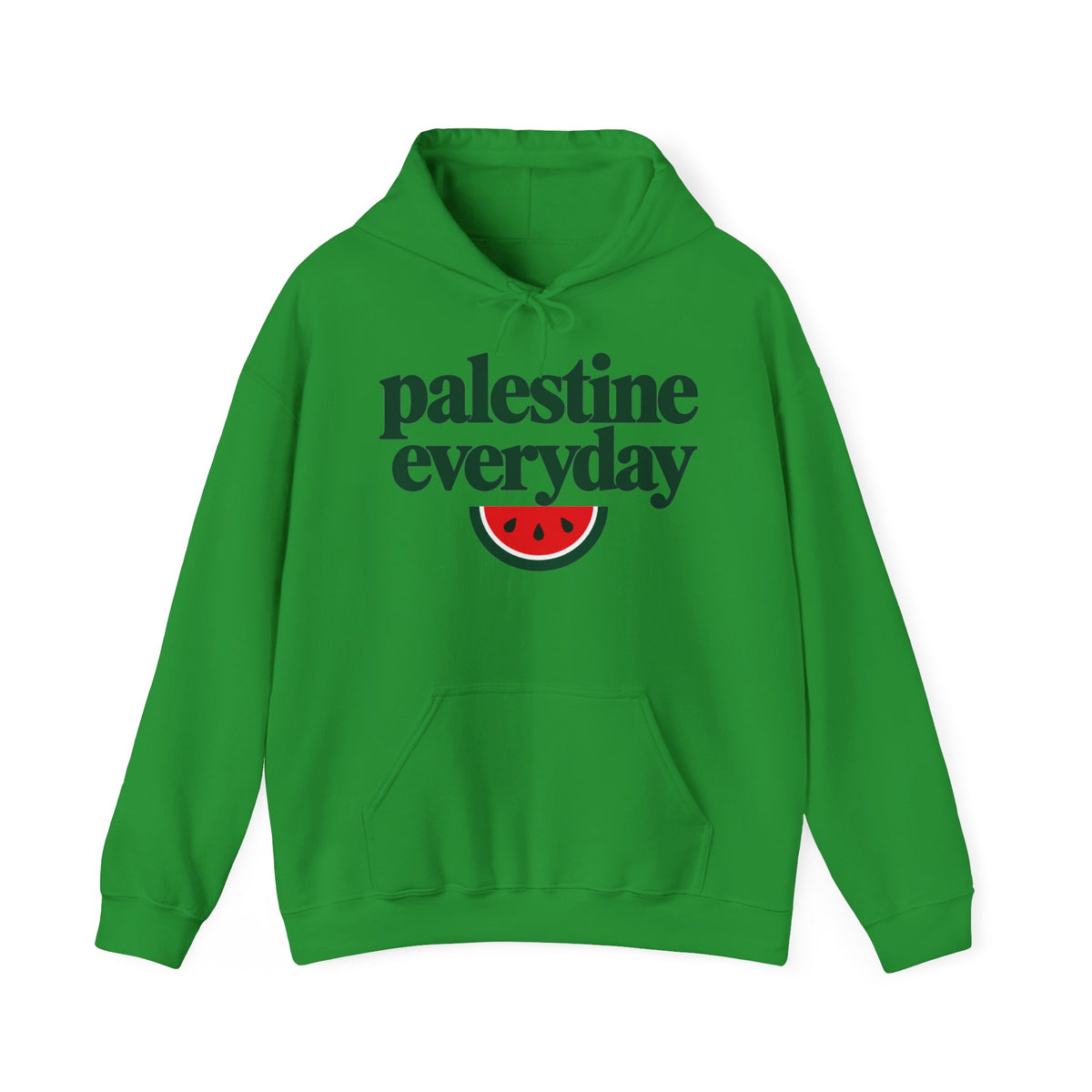 Palestine Everyday Hoodie in Irish Green, front with print