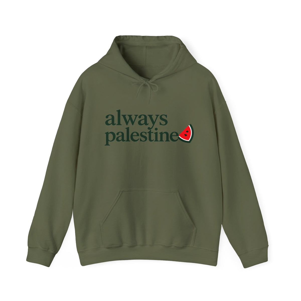Always Palestine Hoodie in Militärgrün, Vorderseite mit Aufdruck