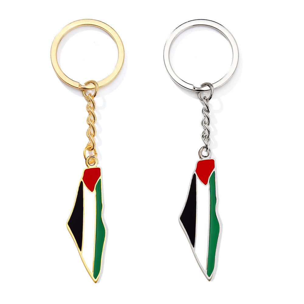 Keychain Palestine Map in Palestine Flag Colors Silver/Gold