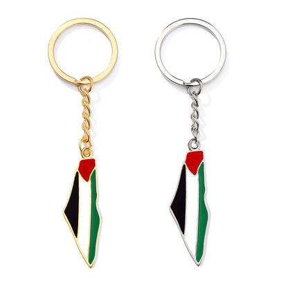 Keychain Palestine Map in Palestine Flag Colors Silver/Gold