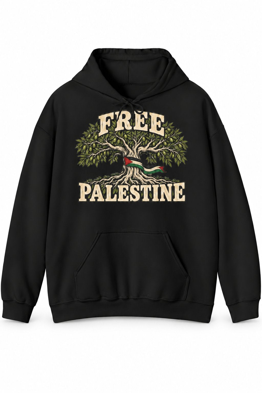 Black Free Palestine olive tree hoodie with an olive tree print on the front