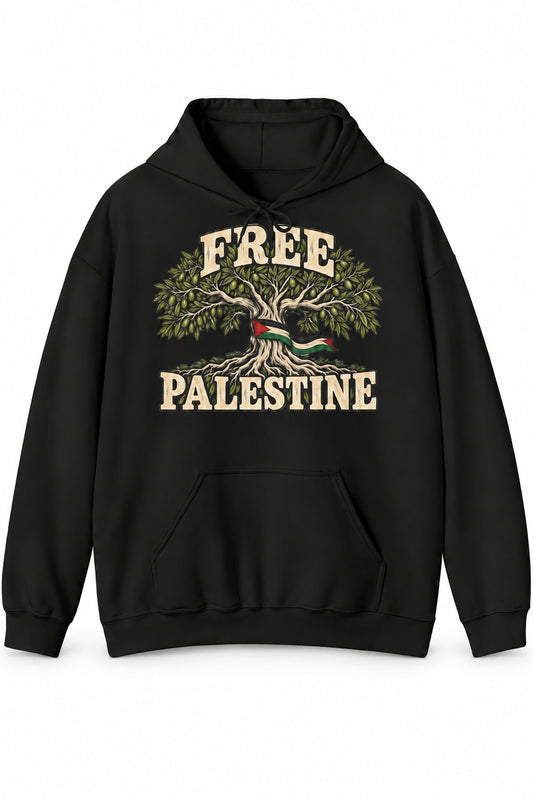 Black Free Palestine olive tree hoodie with an olive tree print on the front