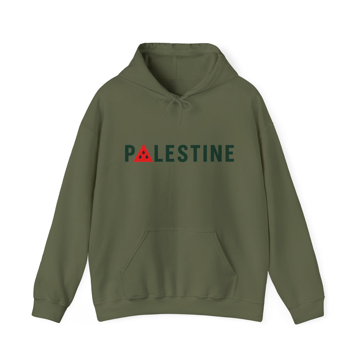 Palestine Watermelon Hoodie in Military Green, front print