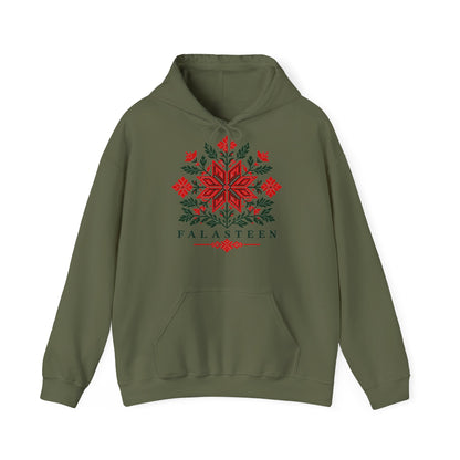 Tatreez Bloom Hoodie in Military Green, printed on the front