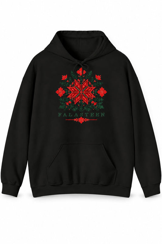 Tatreez Bloom Hoodie in black, front with print