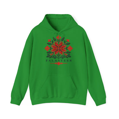 Tatreez Bloom Hoodie in Irish Green, printed front