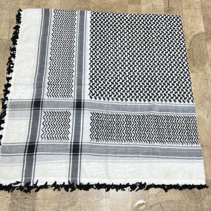 Kufiya/Keffiyeh Noir/Blanc Premium avec Franges Noires 100% Coton