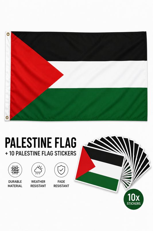 Palestine Flag 90x150 cm + Palestine Flag Sticker 5x8 cm (10 Pieces) Combi Deal