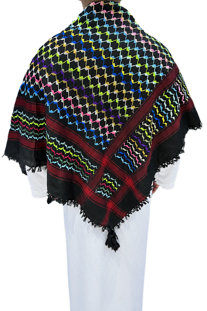 Kufiya/Keffiyeh Black Rainbow Red Details 100% Cotton