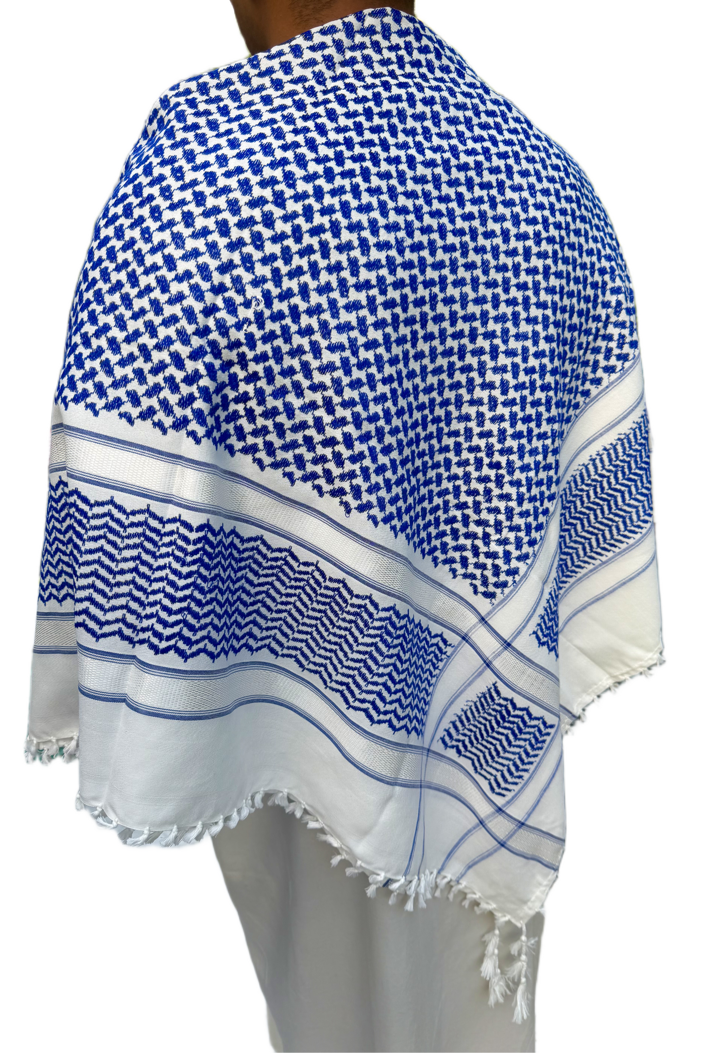 Kufiya/Keffiyeh Blå Hvid 100% Premium Bomuld Hvide Detaljer