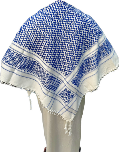 Kufiya/Keffiyeh Blå Hvid 100% Premium Bomuld Hvide Detaljer