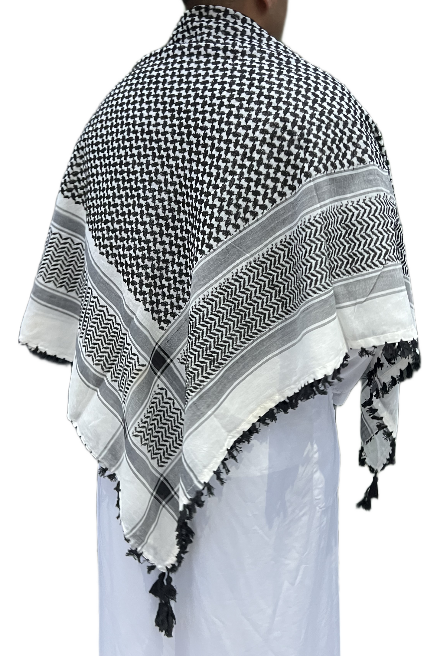Kufiya/Keffiyeh Noir/Blanc Premium avec Franges Noires 100% Coton