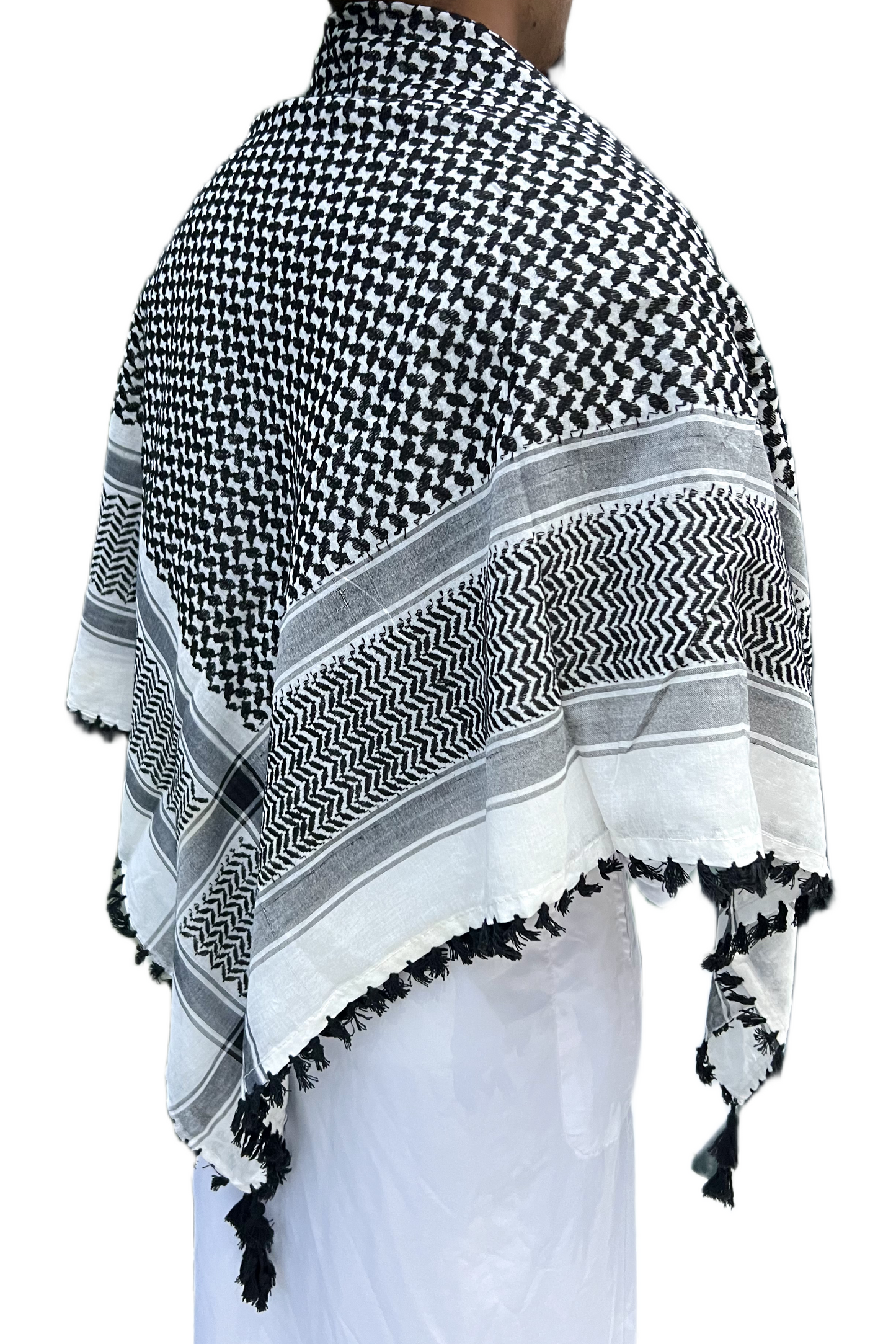 Kufiya/Keffiyeh Noir/Blanc Premium avec Franges Noires 100% Coton