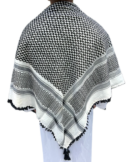 Kufiya/Keffiyeh Noir/Blanc Premium avec Franges Noires 100% Coton