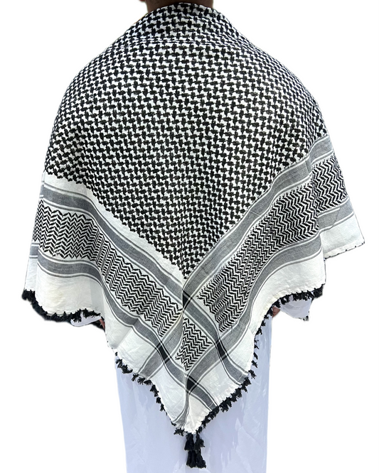 Kufiya/Keffiyeh Negro/Blanco con Flecos Negros 100% Algodón