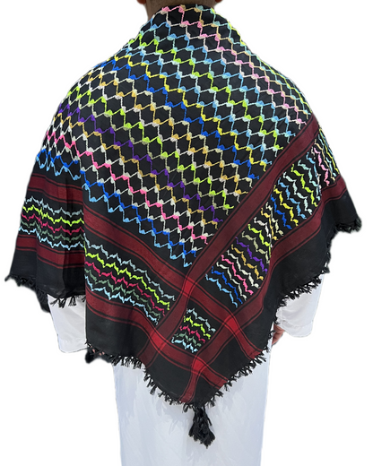 Kufiya/Keffiyeh Black Rainbow Red Details 100% Cotton