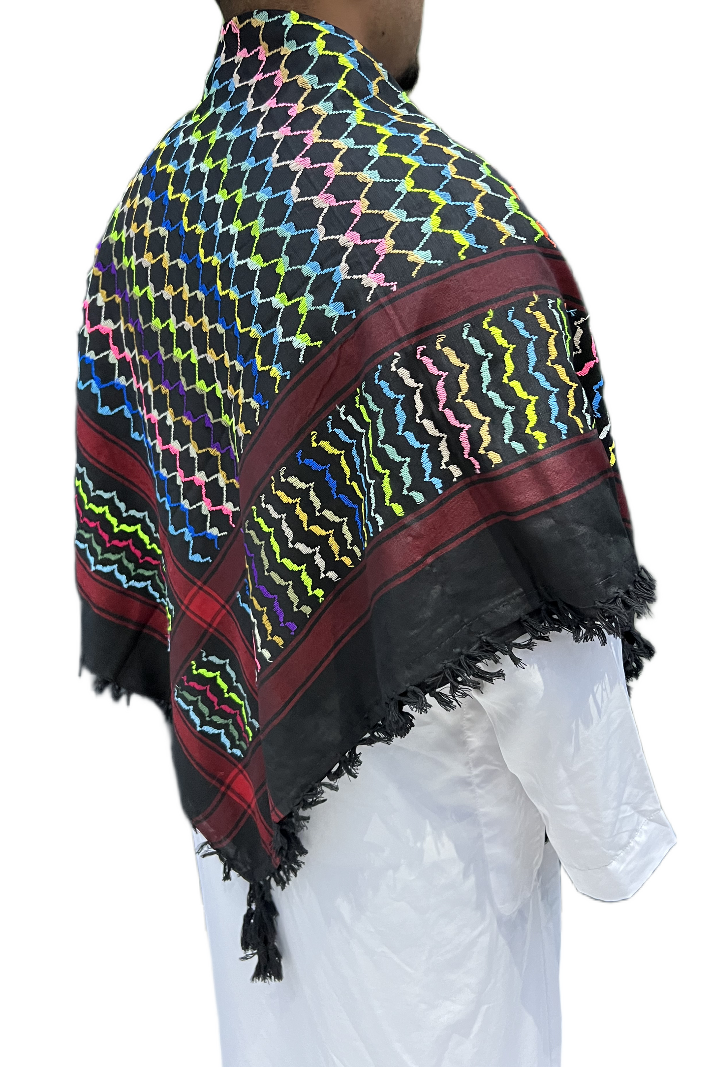 Kufiya/Keffiyeh Black Rainbow Red Details 100% Cotton