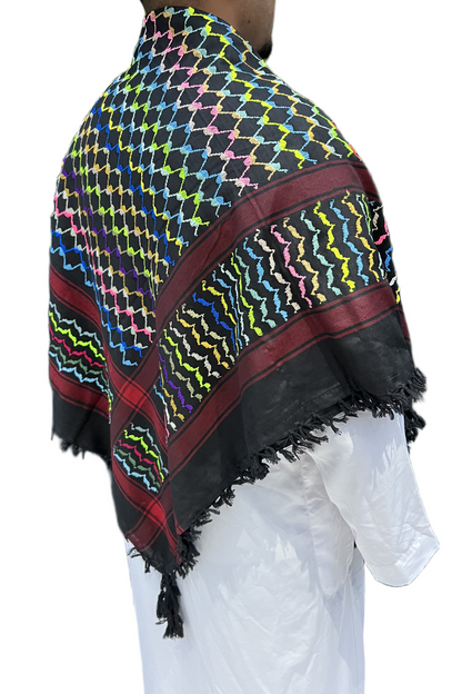 Kufiya/Keffiyeh Black Rainbow Red Details 100% Cotton