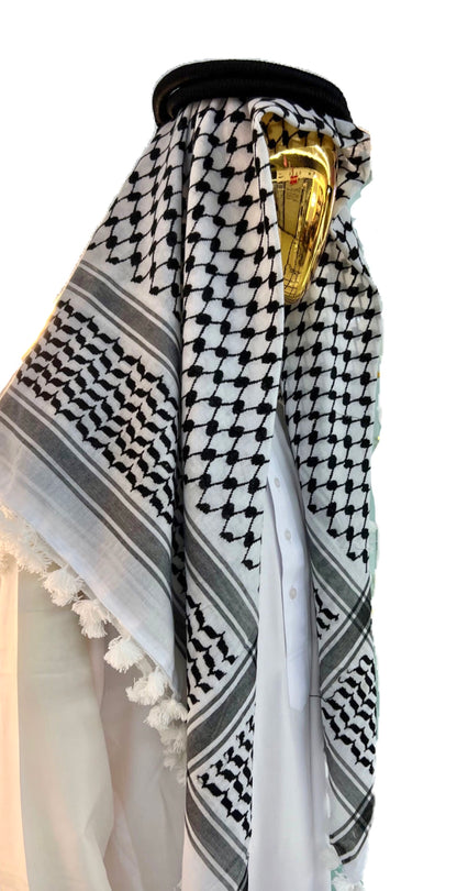 Kufiya/Keffiyeh con Aletas Blancas Negro-Blanco 127x127 cm + Bandera de Palestina 90x150 cm Oferta Combinada