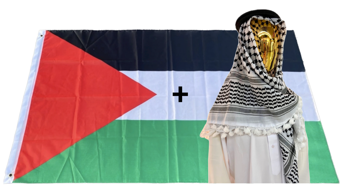 Kufiya/Keffiyeh con Aletas Blancas Negro-Blanco 127x127 cm + Bandera de Palestina 90x150 cm Oferta Combinada