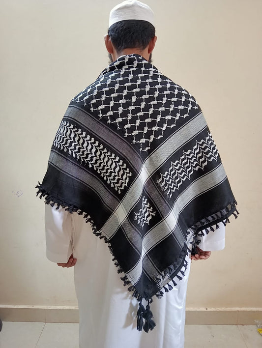 Kufiya/Keffiyeh Black with White Tassels 100% Cotton
