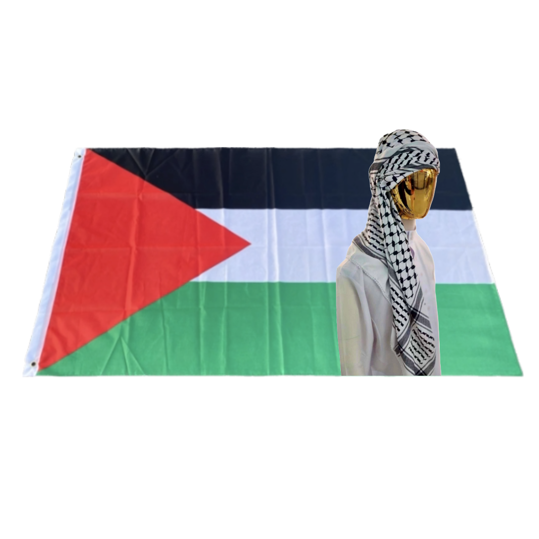 Kufiya/Keffiyeh con Tejido Suave Negro-Blanco 127x127 cm + Bandera de Palestina 90x150 cm Oferta Combinada