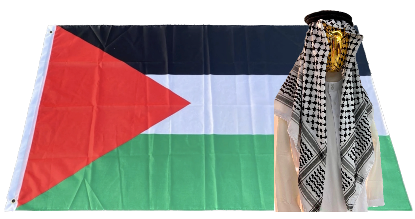 Kufiya/Keffiyeh Svart-Vit 127x127 cm + Palestina flagga 90x150 cm Combi Deal