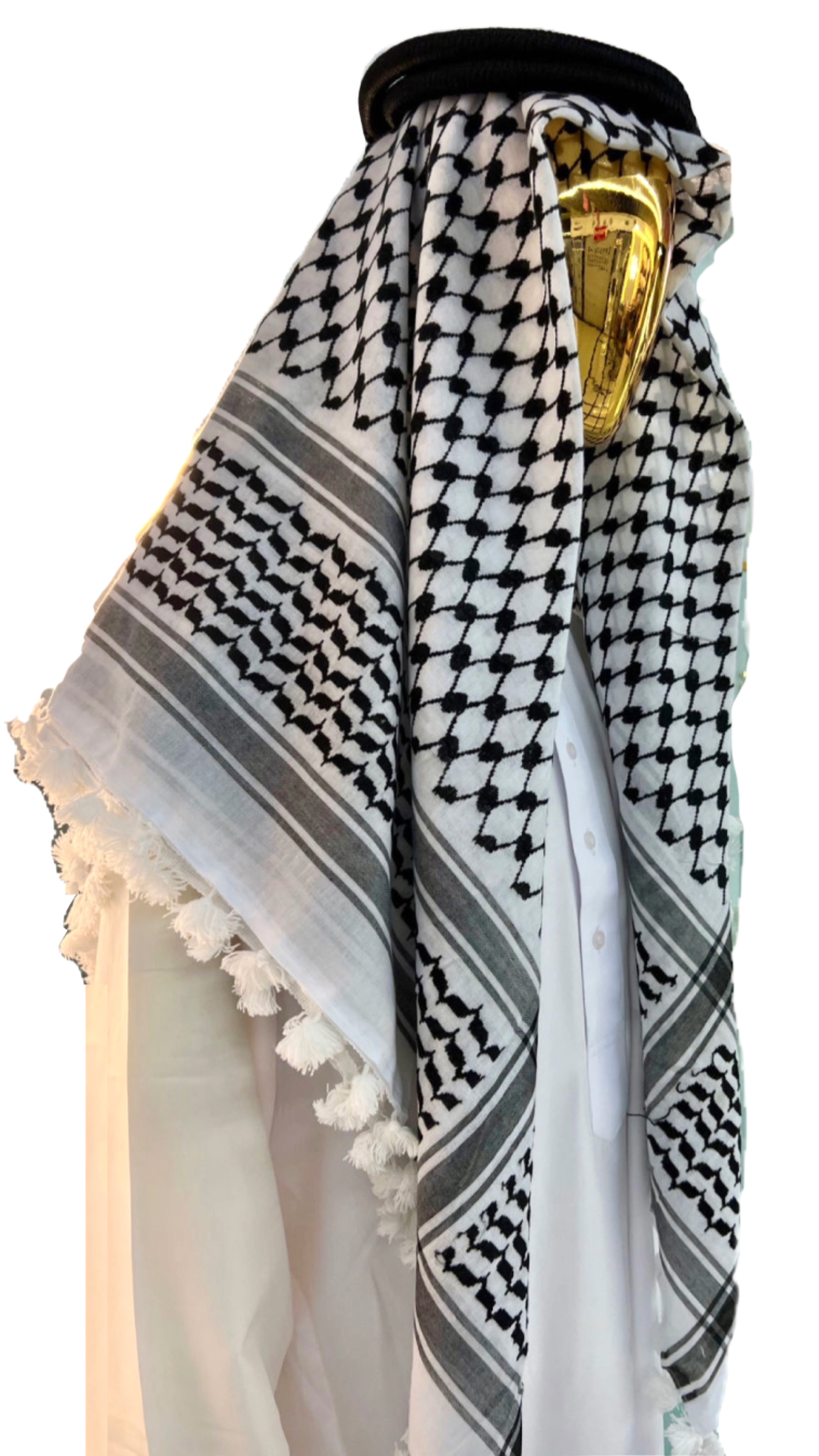 Kufiya/Keffiyeh Svart-Vit 127x127 cm med Vita Flossar