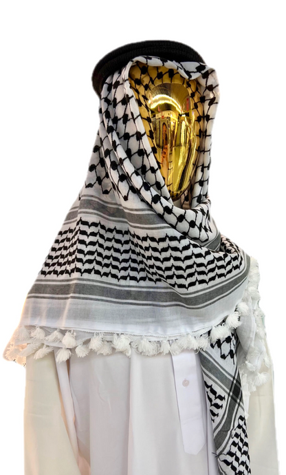 Kufiya/Keffiyeh Negro-Blanco 127x127 cm con Aletas Blancas