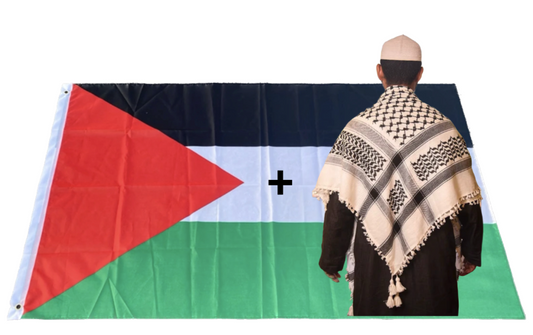 Kufiya/Keffiyeh Zwart/Wit 100% Katoen + Palestina Vlag Combi Deal