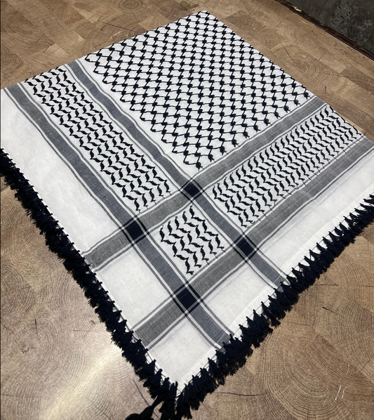 Kufiya/Keffiyeh Black/White with Black Tassels 100% Cotton