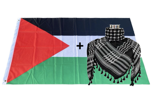 Kufiya/Keffiyeh Noir avec Franges 127x127 cm + Drapeau Palestinien 90x150 cm Offre Combinée