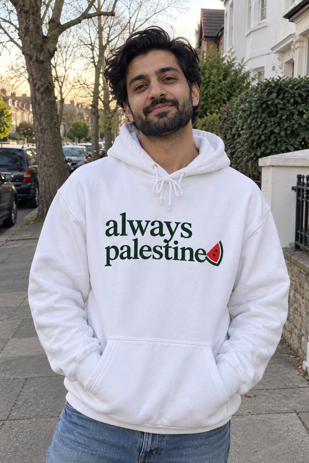 KI-Stimmungsbild des Always Palestine Hoodies in Weiß