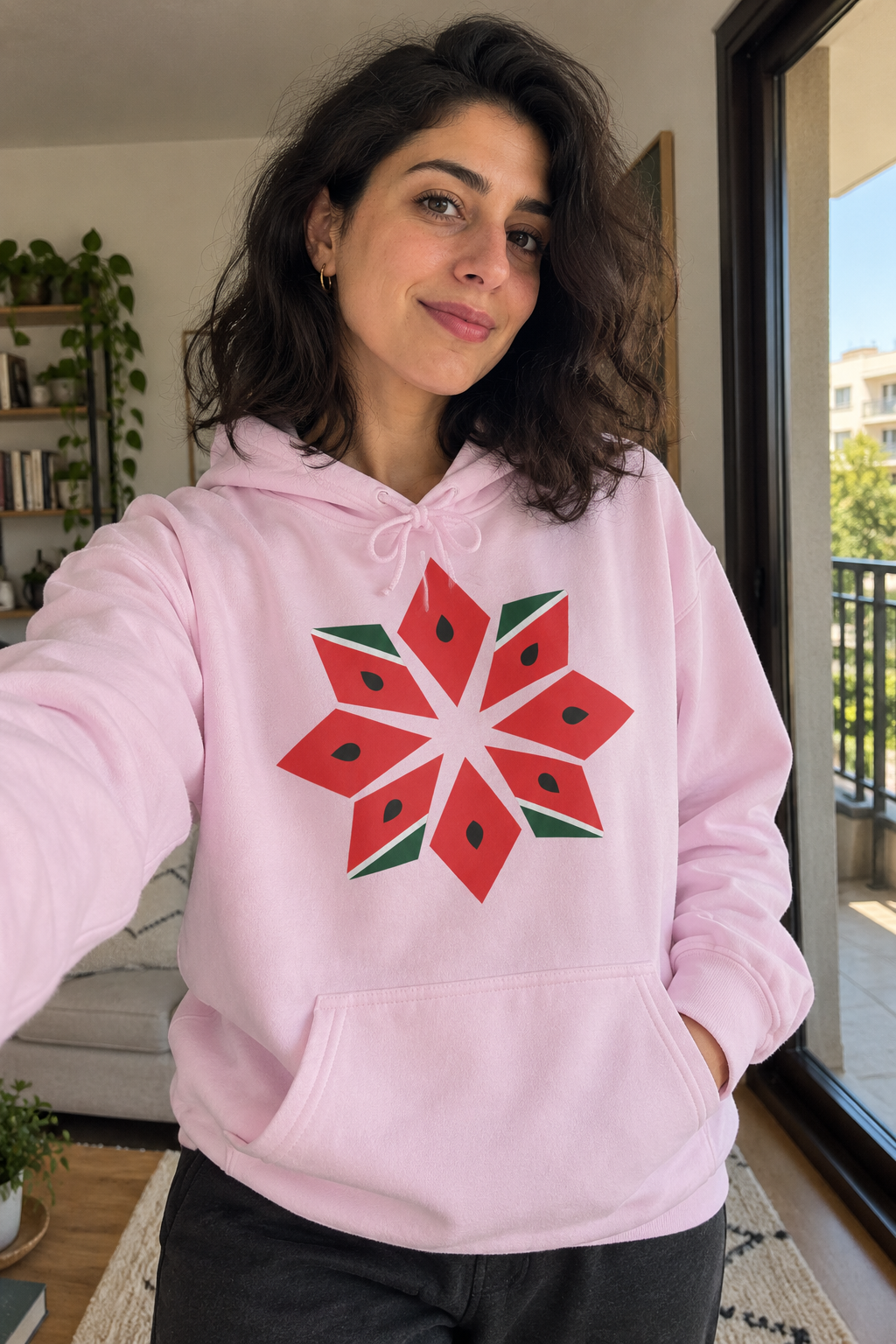 AI lifestyle image of Melon Tatreez Hoodie in Light Pink