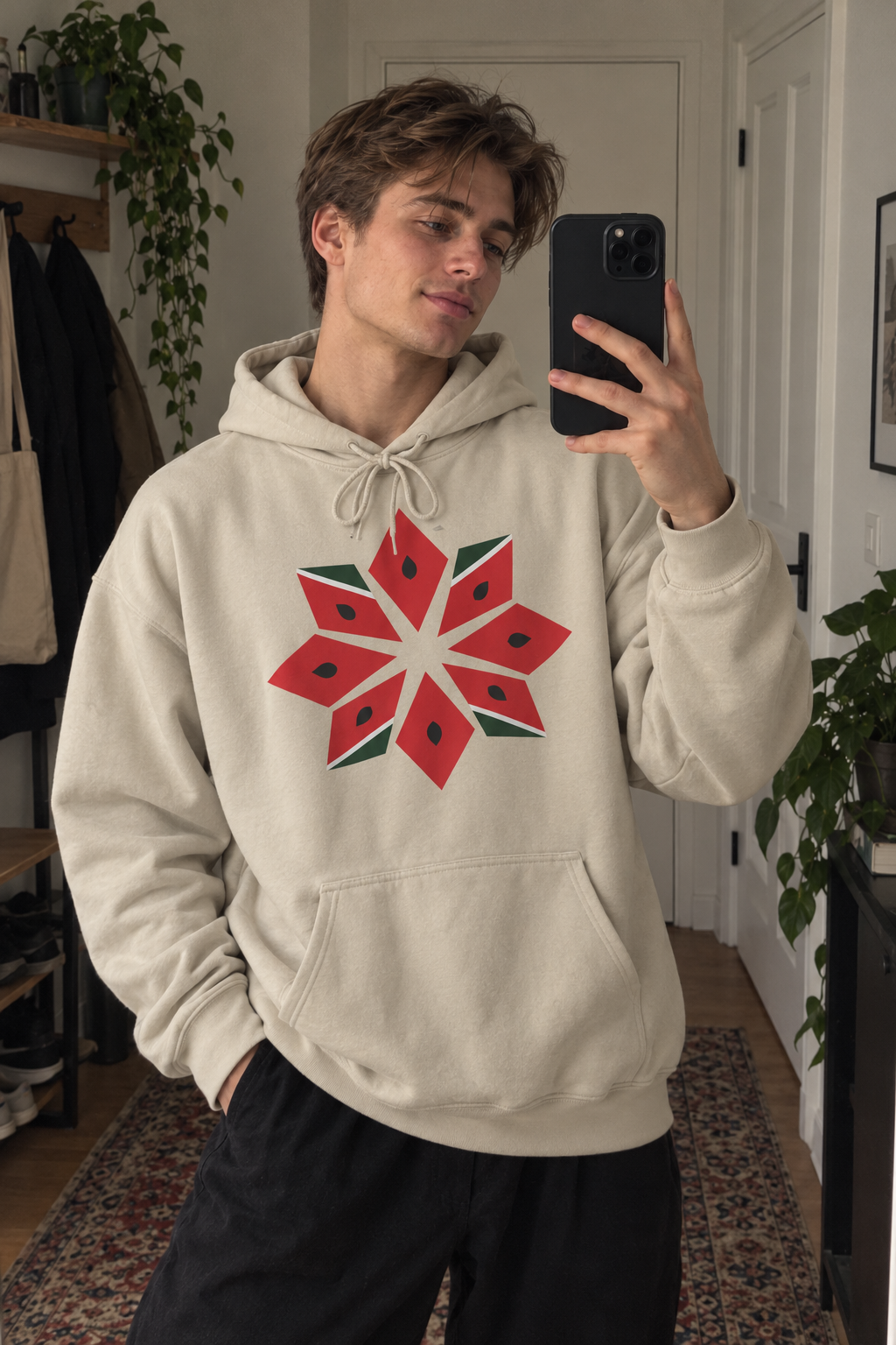 AI lifestyle image of the sand-colored Melon Tatreez Hoodie