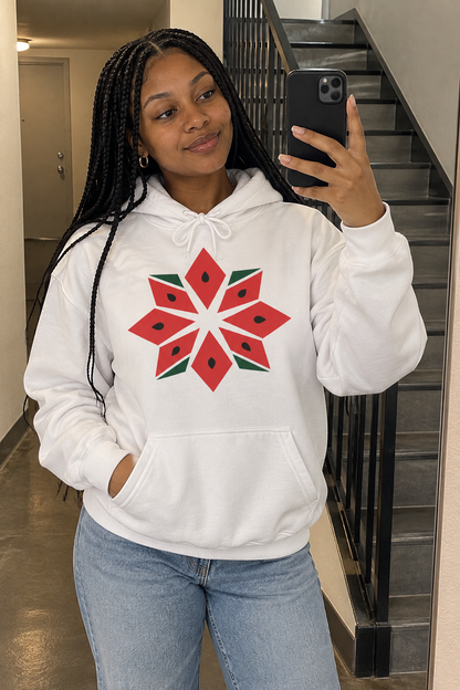 AI lifestyle image of Melon Tatreez Hoodie in white