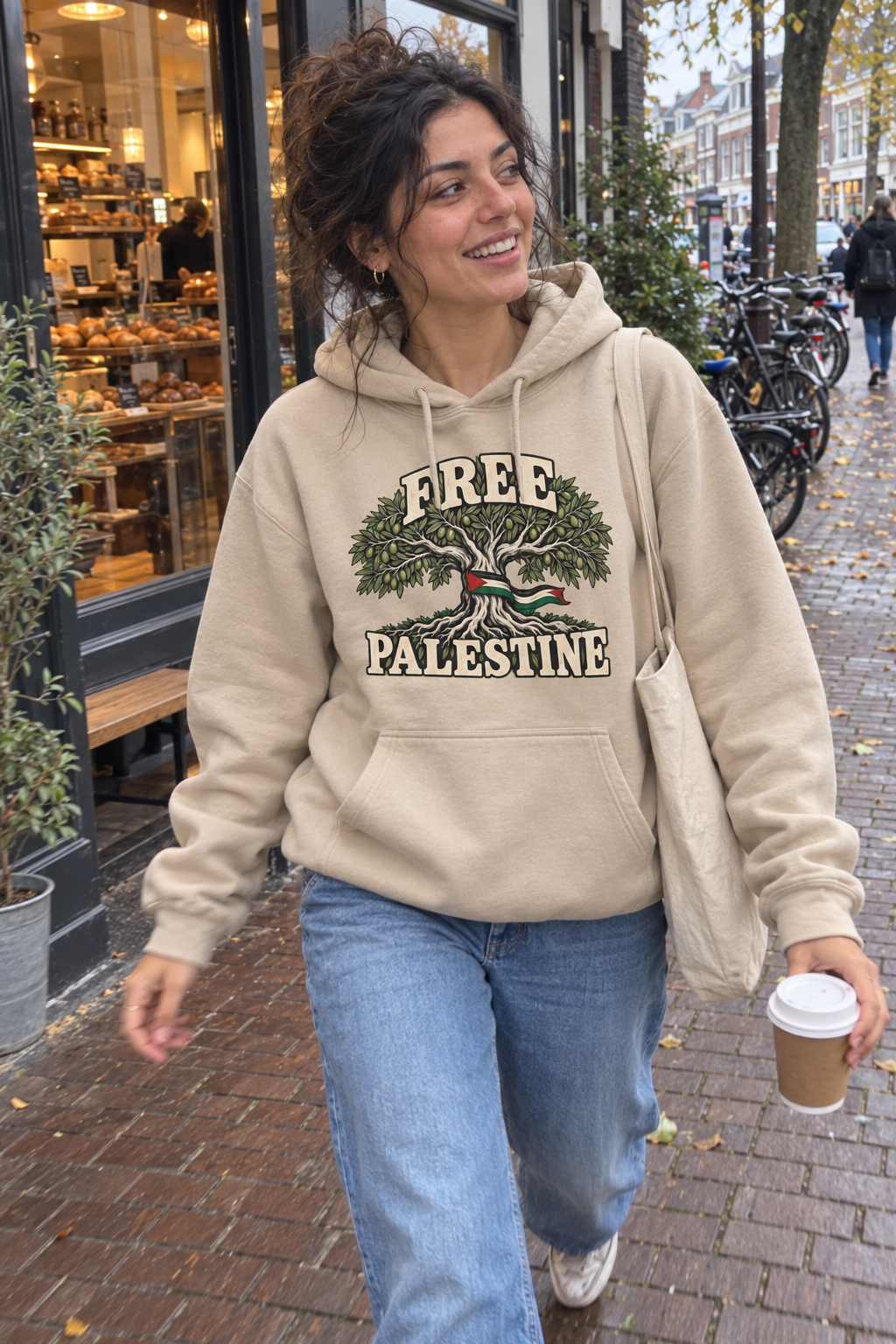 AI lifestyle visual: sand Free Palestine hoodie in a candid street photo
