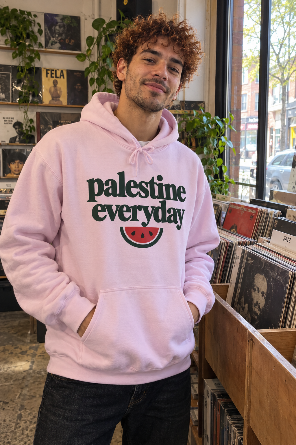AI lifestyle image of Palestine Everyday Hoodie in Light Pink