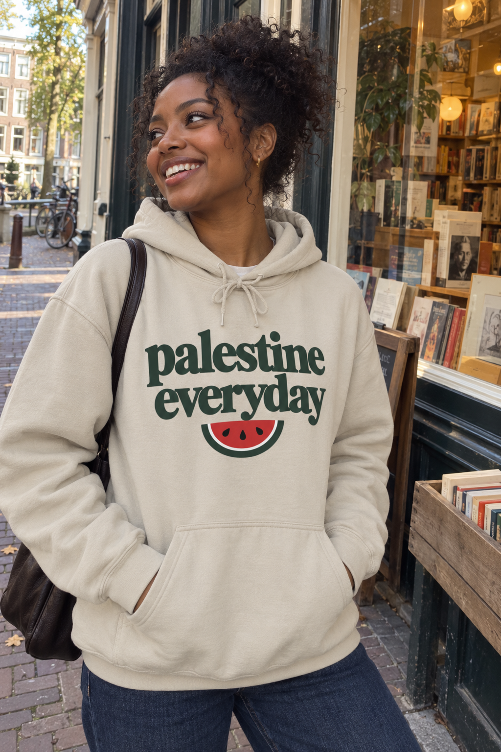 AI lifestyle image of the sand-colored Palestine Everyday Hoodie