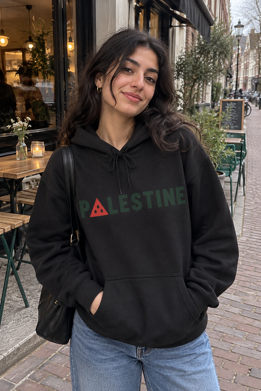AI lifestyle image of the black Palestine Watermelon Hoodie