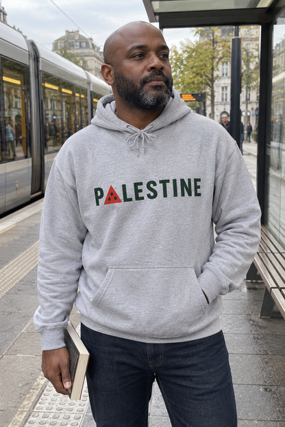 AI lifestyle image of the Palestine Watermelon Hoodie in Sport Grey