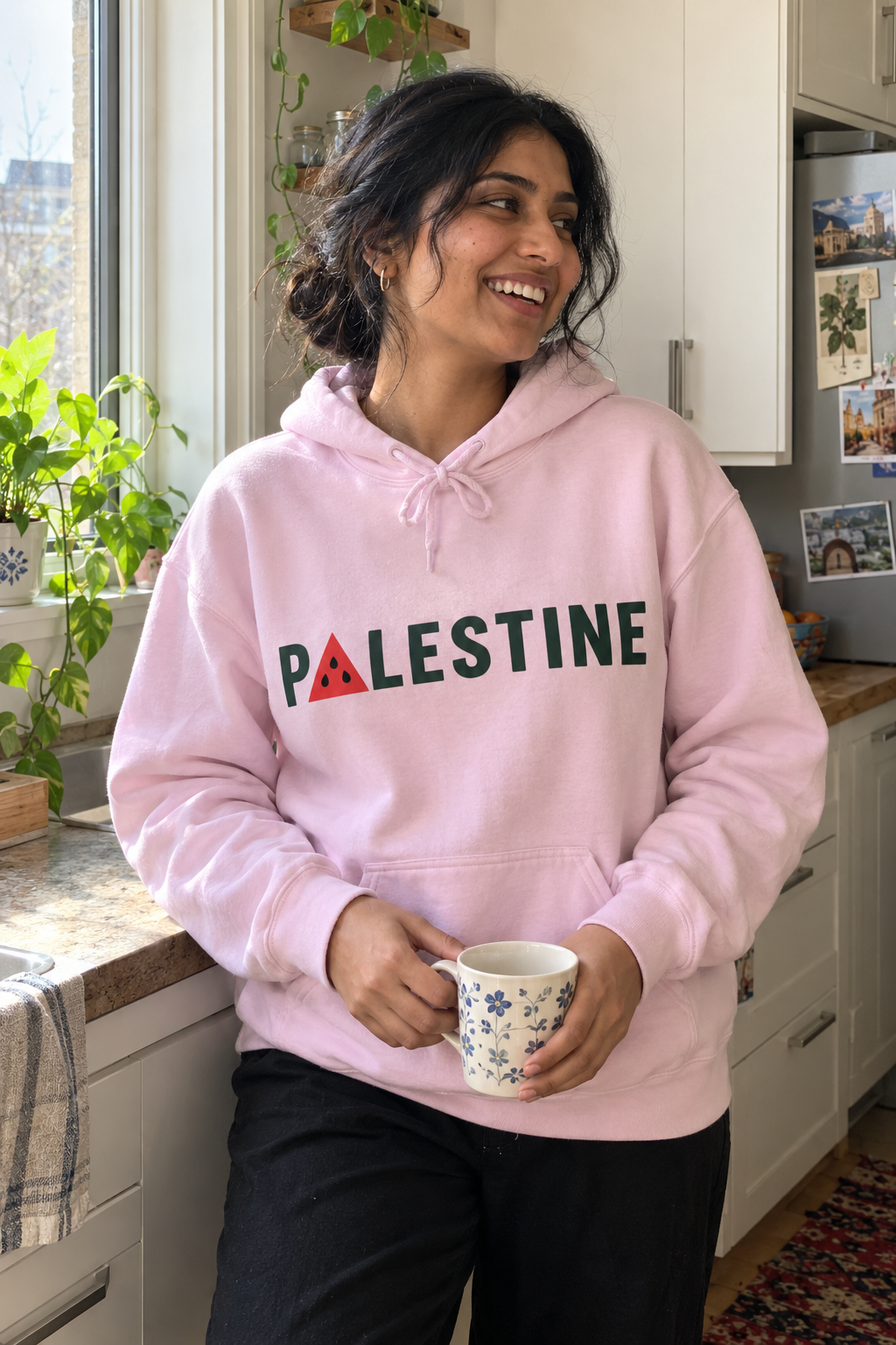 AI lifestyle image of Palestine Watermelon Hoodie in Light Pink