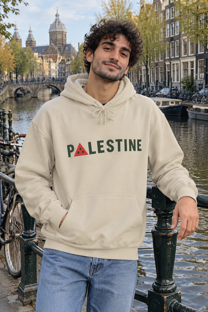 AI lifestyle image of the sand-colored Palestine Watermelon Hoodie